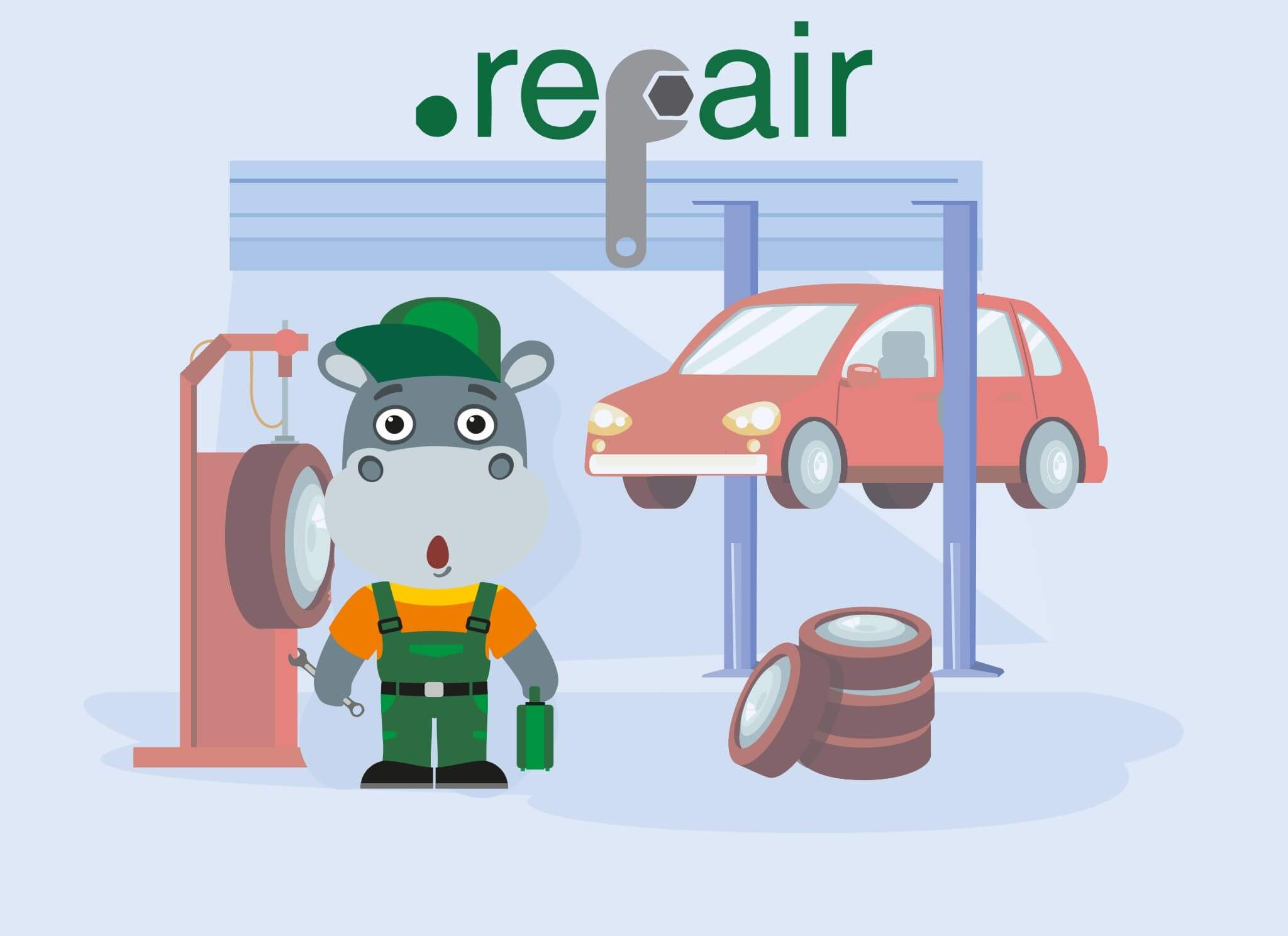 Grab a .repair domain name today. Hippo working on a car at his workshop