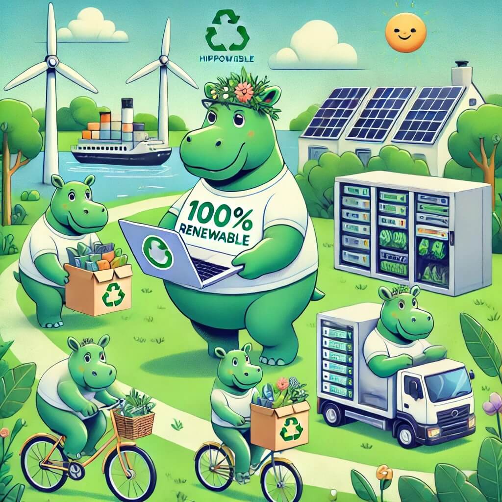 Friendly hippos using eco-friendly technology, surrounded by greenery, solar panels, and wind turbines, representing Hipposerve’s commitment to sustainability through the Green Web Foundation.