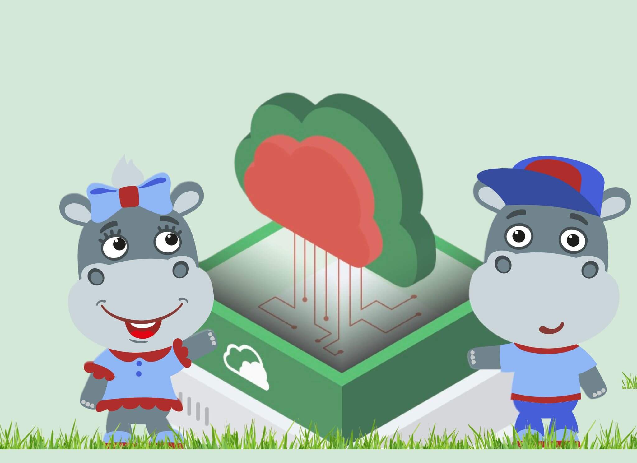 Two hippos looking at a green server thanks to the Green Web Foundation