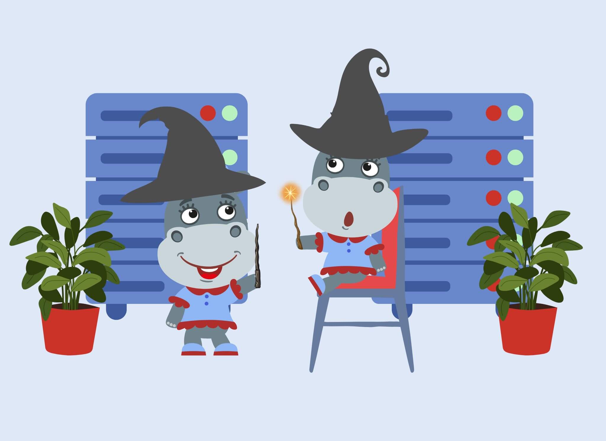 Two cartoon hippos dressed as witches, wearing black hats and red-trimmed outfits, holding magic wands in front of server racks. One hippo is sitting on a chair casting a spell, while the other stands smiling. Potted plants add a touch of greenery to the scene.