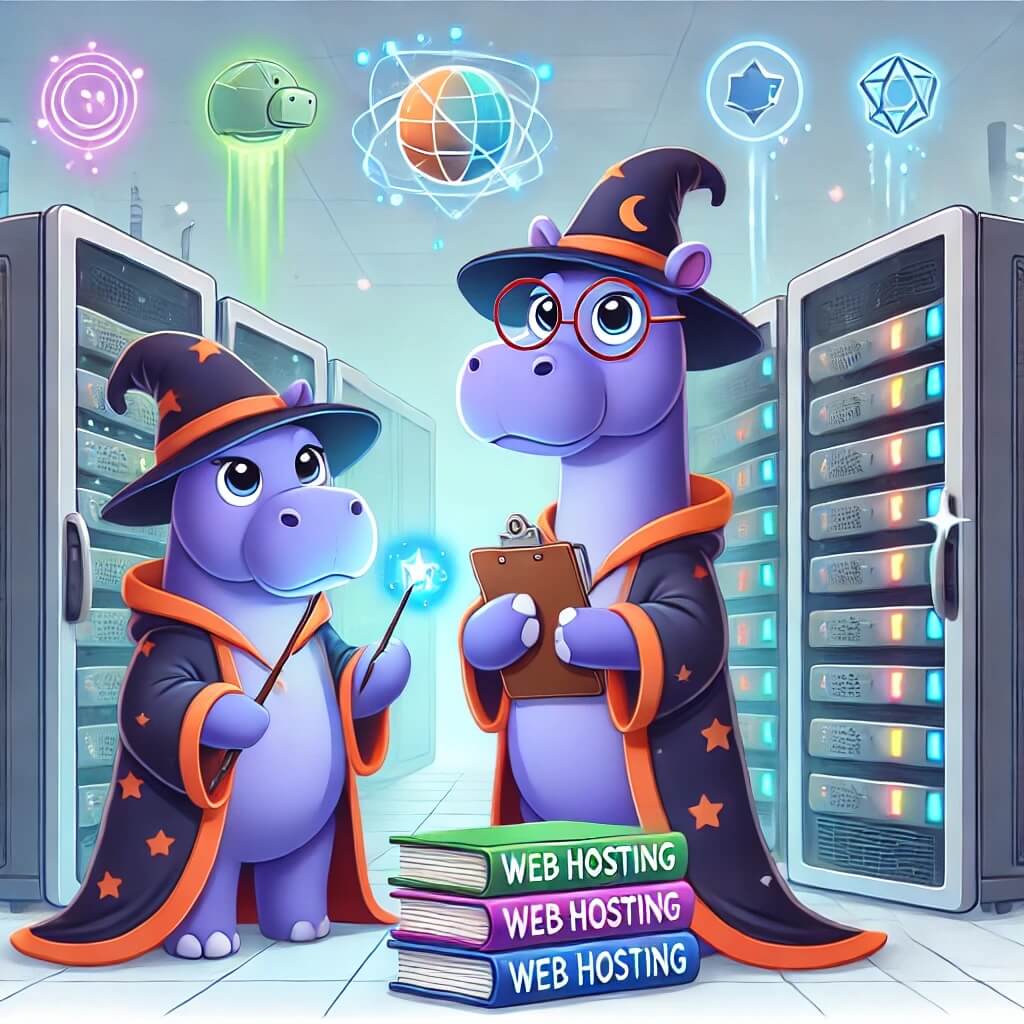 Two whimsical hippos dressed as witches standing in front of futuristic web servers. One hippo casts a spell with a glowing wand, while the other holds a clipboard. Floating magical symbols and books labeled ‘Web Hosting Spells’ add a tech-fantasy feel, representing HippoServe’s powerful and secure hosting infrastructure.