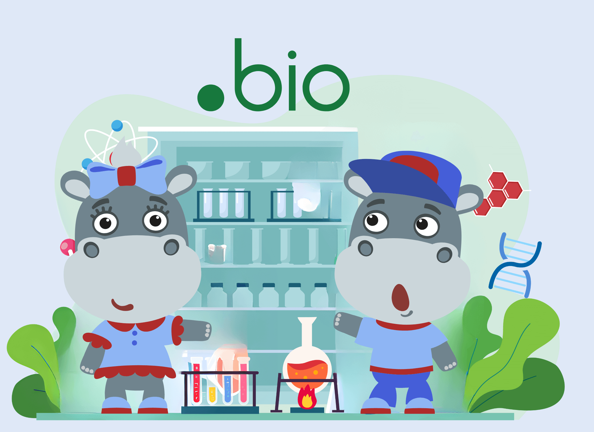 Two cartoon Hippos in a biology lab, showing off the .bio domain.