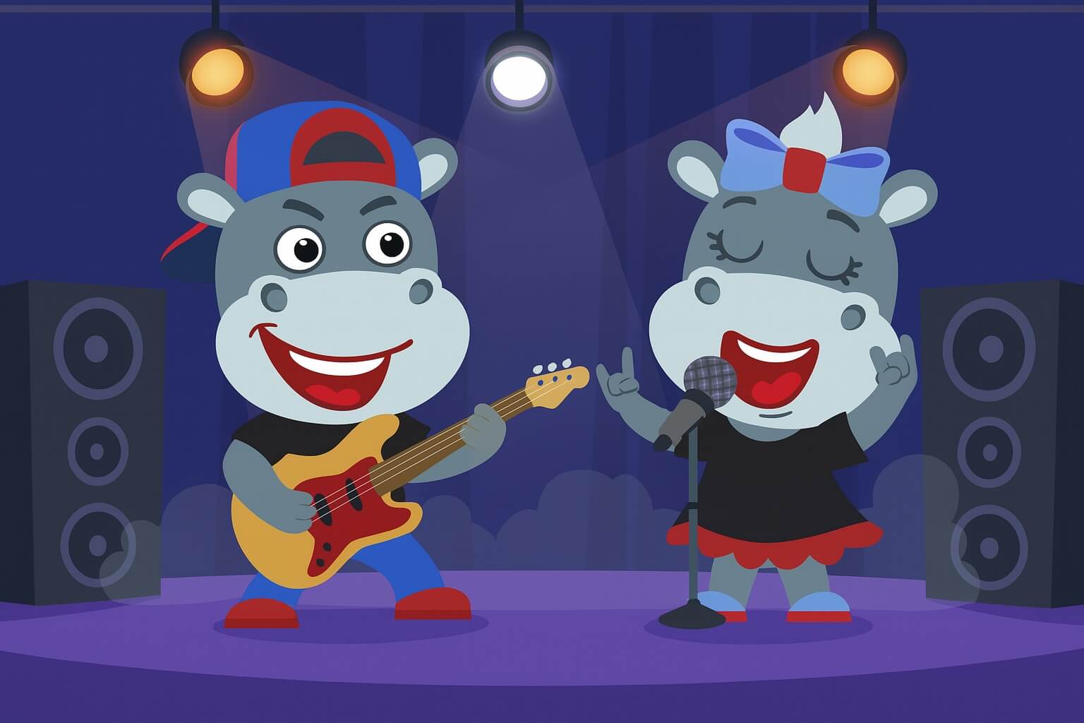 Two Hippos rocking on stage with guitars