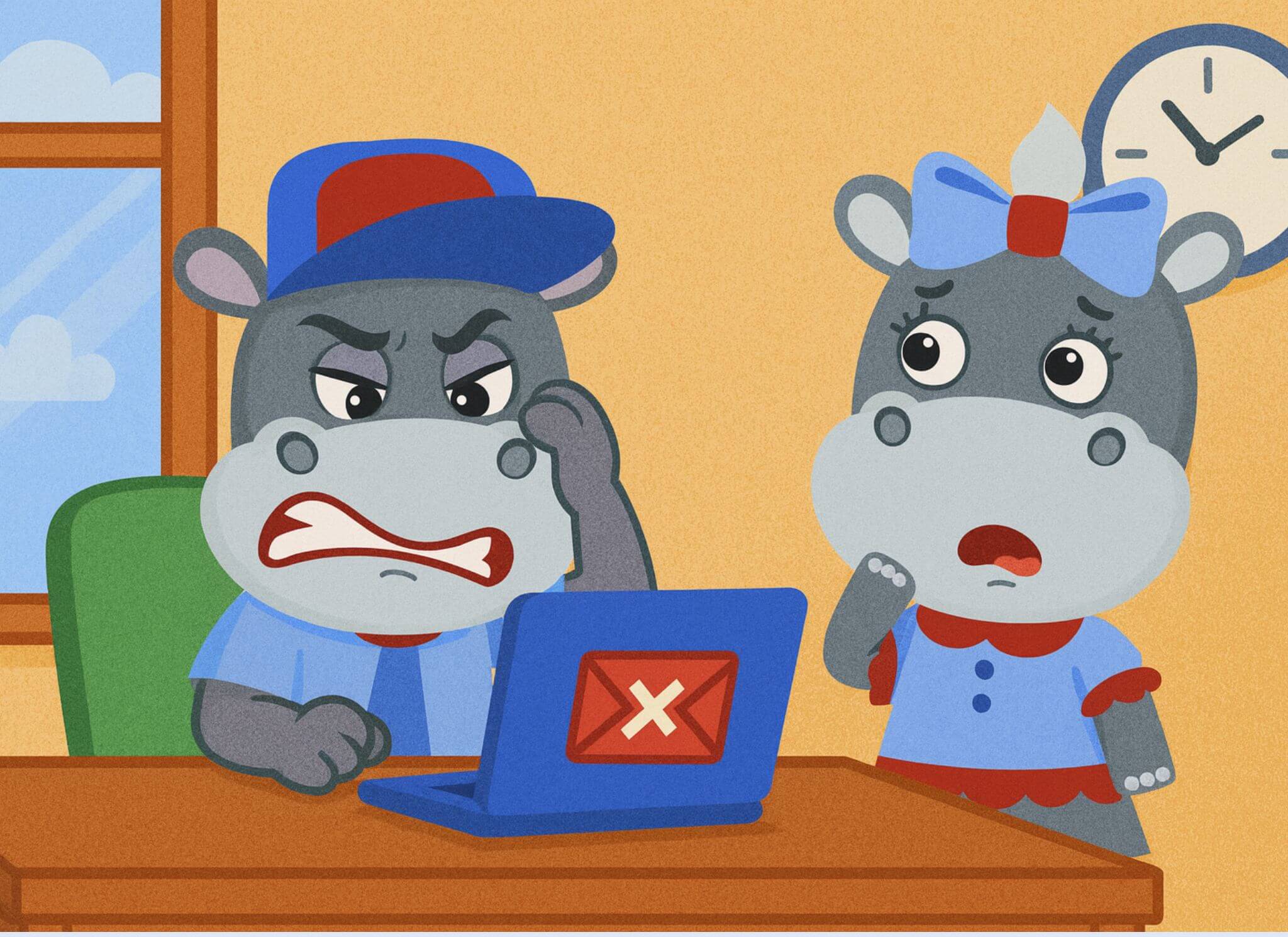 Two cartoon hippos in an office looking frustrated at a laptop with an email error, illustrating VPN-related email issues.